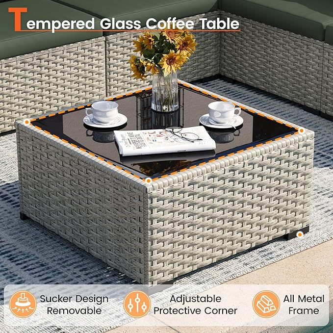 8 Piece Patio Furniture Set with 44" Fire Pit Table, Outdoor Sectional Wicker Rattan Sofa Set with Coffee Table (Green/Grey)
