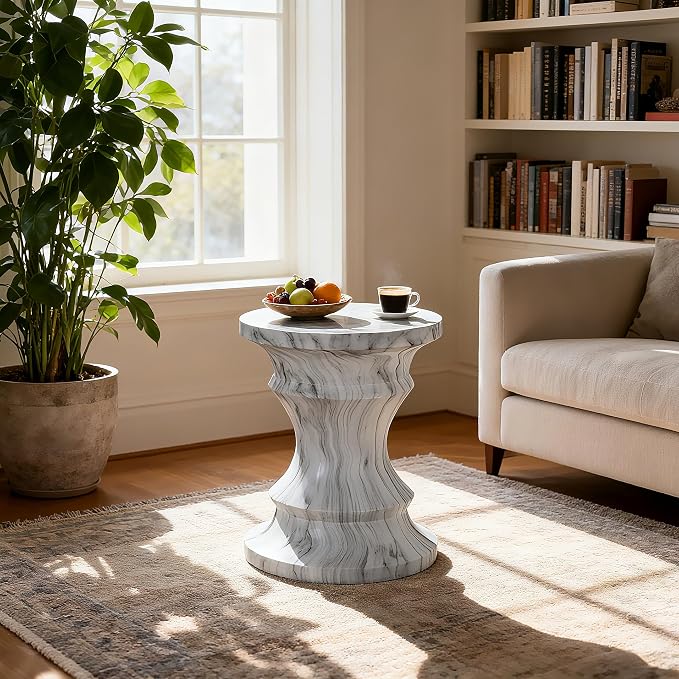15.35" Cement End Tables for Patio,Round Side Faux Terrazzo Accent Table | Modern Small Tree Stump Garden Stool Drum Indoor and Outdoor,Light Grey