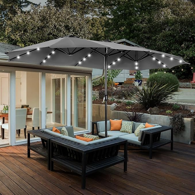 HERA'S PALACE 15ft Patio Umbrella with Base Included Double Sided Outdoor Umbrella for Patio Table Umbrella Outdoor 36 LED Solar Lights for Garden