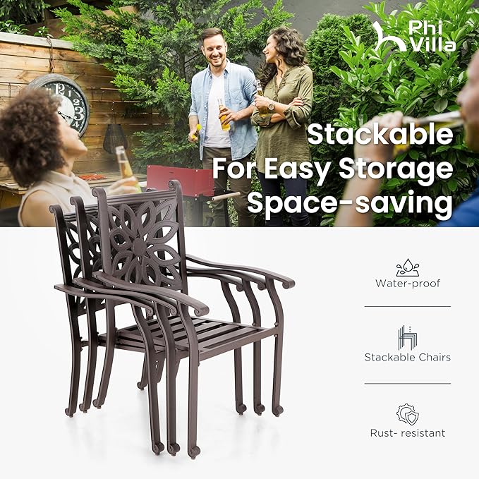 PHI VILLA 7 Pieces Outdoor Cast Aluminium Dining Set for 6, 54" Round Patio Table with Umbrella Hole & Heavy-Duty Chairs with Cushions, Large Outside Furniture Set for Deck, Porch, Backyard - Brown