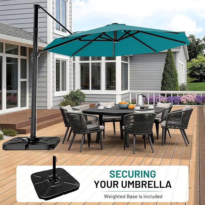 AreShark 11FT Round Cantilever Patio Umbrella with Base Included, 360° Rotation Offset Outdoor Umbrella, 5 Tilt Settings Heavy Duty Hanging Parasol for Deck Garden Pool, Lake Blue