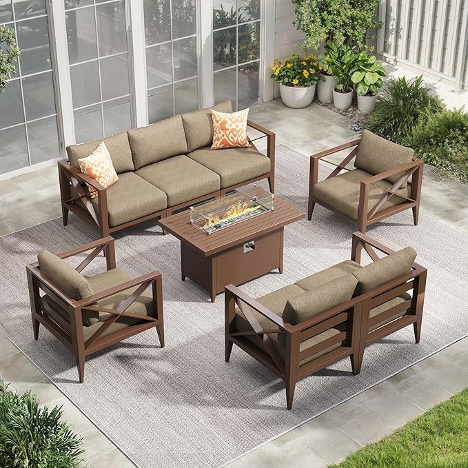 8-Piece Oversized Aluminum Patio Furniture Set with Fire Pit Table, Coffee Table & Weather-Resistant Outdoor Sofa — Luxe Outdoor Conversation Set for Deck, Garden, Poolside-Brown