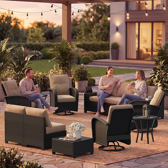 LazySunsets 12 PCS Patio Furniture Set, Outdoor Sectional All-Weather Wicker Conversation Set with Swivel Rocker Chairs, 4'' Thick Cushions for Backyard Poolside(Cream/Black)