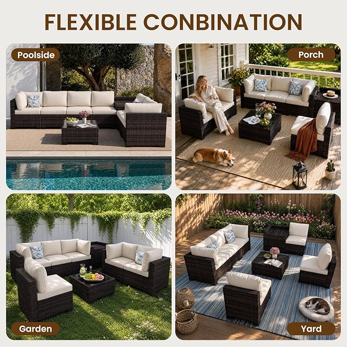 8-Piece Modular Patio Furniture Set with Storage Box Outdoor Sectional Sofa | Patio Conversation Set with Coffee Table, PE Rattan Wicker Couch with Waterproof Cushions for Backyard, Deck & Porch, Beige