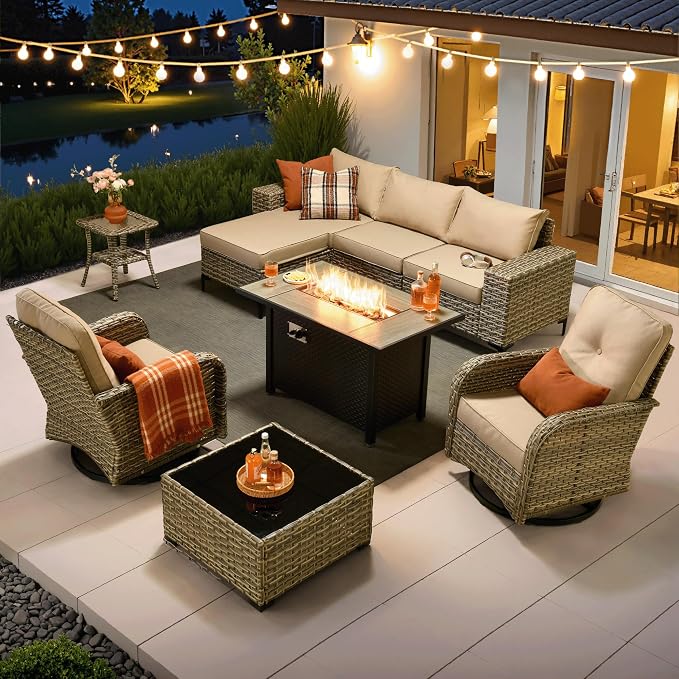 ovios 9-Piece Patio Furniture Set with L-Shape Sofa Chaise, Outdoor Sectional Couch Swivel Gliders Fire Pit Table, Modern Modular Wicker Rattan Conversation Set, Beige