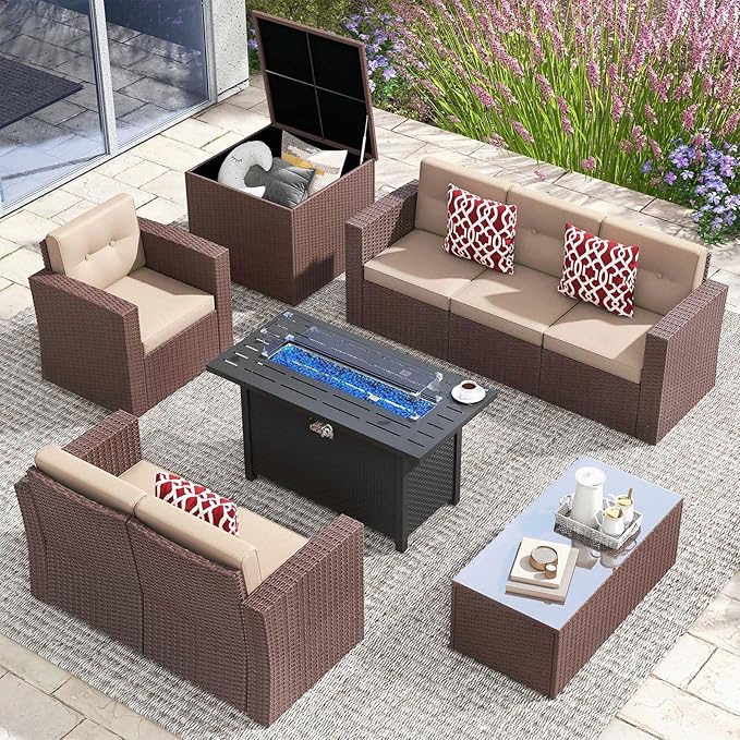 JOIVI 9 Piece Patio Conversation Sets - Wicker Patio Couch Set with Fire Pit, Durable Handwoven Fabric, Fireproof Glass Beads Cover, Storage Box, Great for Romantic Dining & Movie Nights, Brown