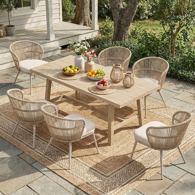 SUNSITT 7 Piece Outdoor Patio Dining Set, Patio Dining Furniture Set with 76” Aluminum Dining Table w/Umbrella Hole and 6 Woven Wicker Outdoor Patio Chairs w/Removable Cushions for Garden, Beige