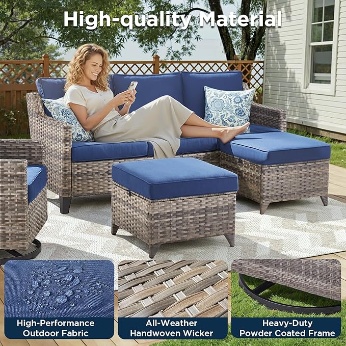 10 Piece Patio Furniture Set-High Back Outdoor Furniture Set Sectional Sofa with Wicker Swivel Patio Chairs,Comfy Cushions Ottomans for Porch Balcony Patio Deck Grey/Blue