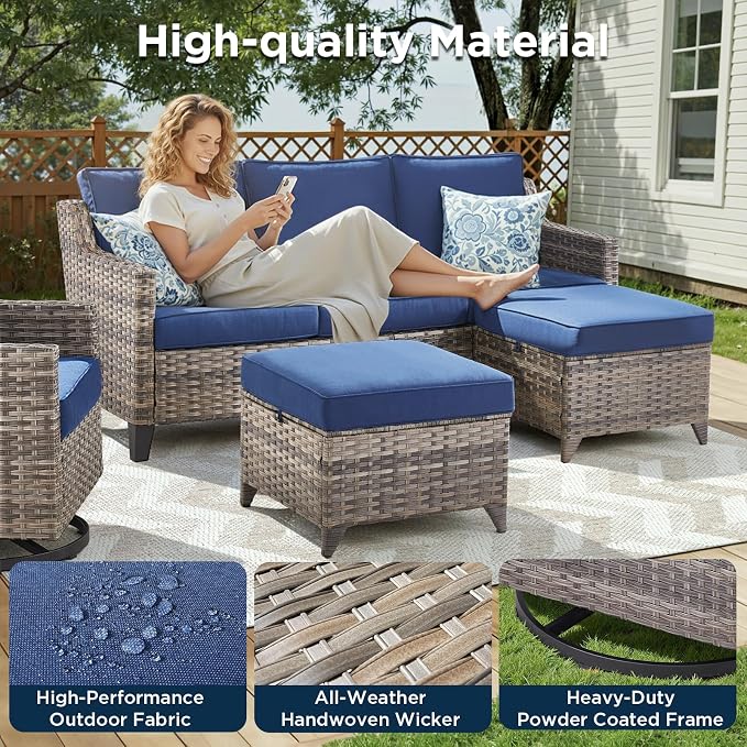 5 Pieces Wicker Patio Furniture Set-High Back Outdoor Wicker Couch Patio Chairs Set of 2 with Comfy Cushions Ottomans Patio Furniture Set for Backyard Porch Garden Deck Grey/Beige