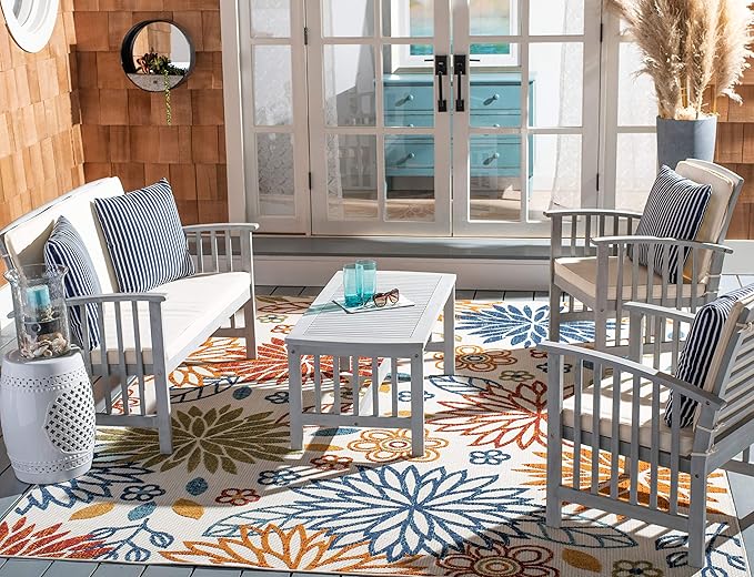 SAFAVIEH Outdoor Collection Rocklin Grey / Beige Cushions/ Stripe Pillows 4-Piece Conversation Patio Set