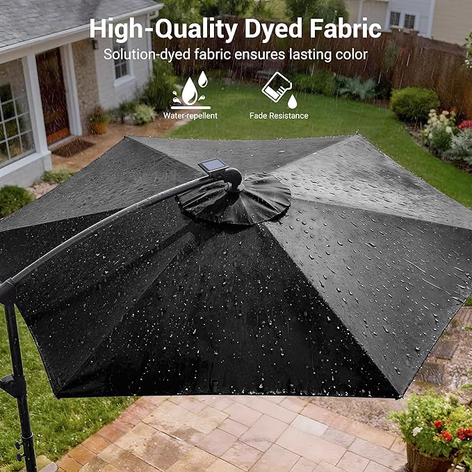 10ft Offset Patio Umbrella with Solar Light Strips,Outdoor Cantilever Hanging Umbrella with Cross Base, Fade Resistant Recycled Fabric, for Pool, Deck, Garden,Backyard,