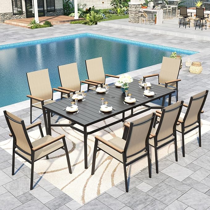 Sophia & William Patio Dining Set for 8, Metal Table & Aluminum Chairs | Rectangle table, Beige Stackable Chairs, Breathable & quick-drying, Light-weight & space-saving, Umbrella Hole, Outdoor
