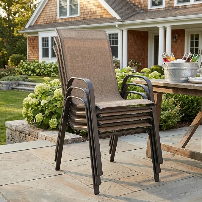 VICLLAX Round Outdoor Patio Dining Set for 4, Metal Slatted Patio Table with Umbrella Hole and 4 Stackable Patio Chairs for Deck Lawn Garden, Brown Fabric and Black Tabletop