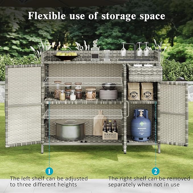 LUMISOL Outdoor Wicker Storage Cabinet with Adjustable Shelf and One Drawer, Weather-Proof Patio Bar Table with Tempered Glass Desktop, Rattan Bar Table with Three Doors for Outdoor Pool Garden, Grey