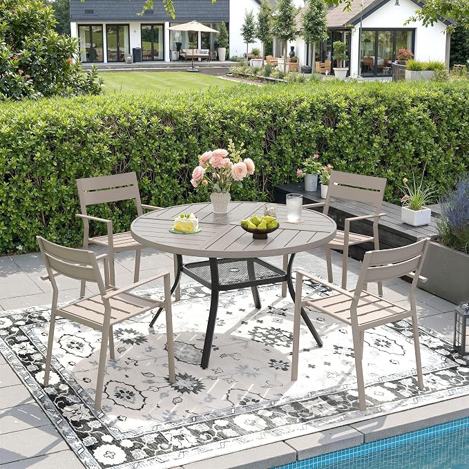 DIFY 5 Piece Outdoor Patio Dining Set for 4, 40.6" Round Dining Table with Umbrella Hole and Stackable Metal Chairs, Patio Table and Chairs Set for Backyard Garden Poolside, Grey Wood-Like & Sandshell
