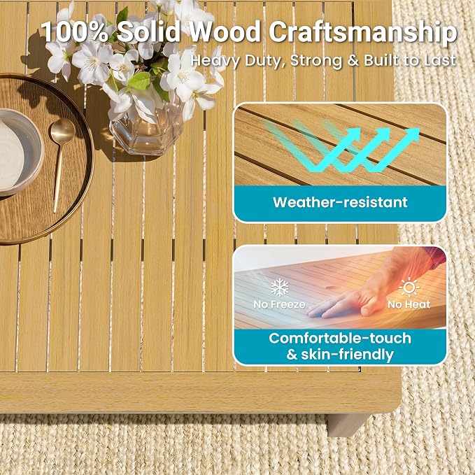 FansaFurn 3-Piece Acacia Patio Table and Chairs Set for All-Weather | Outside Furniture with Table Umbrella Hole and Removable Cushion, Backyard Furniture with Outdoor Bench for Garden Lawn