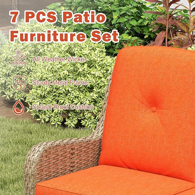 Kinsuite 7 PCS Patio Furniture Set, Outdoor Conversation Sets with Swivel Chairs & Ottomans, All-Weather Wicker Light Brown Sectional Sofa with Thicken Cushions for Garden, Lawn, Backyard, Orange