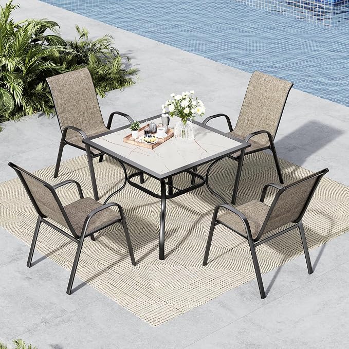 MFSTUDIO Patio Table and Chairs Set, Outdoor Dining Set for 4 Persons, 5 Piece Patio Dining Set with Marble Texture Table and Stackable Textilene Chairs