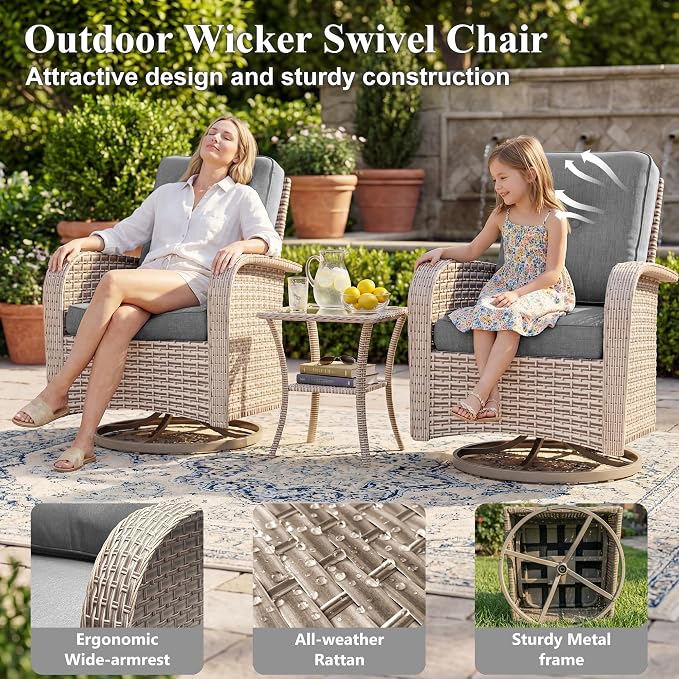 Patio Furniture Set, 10-Piece Outdoor Sectional Sofa with Swivel Rocker Chairs & 2-Layer Glass Coffee Table, Wicker Patio Conversation Set with Gray Cushions