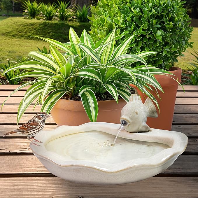 Sunnydaze Glazed Ceramic Fish 7-Inch Outdoor Garden Fountain - Outdoor Tabletop Fountain for Patio, Deck, Garden - White