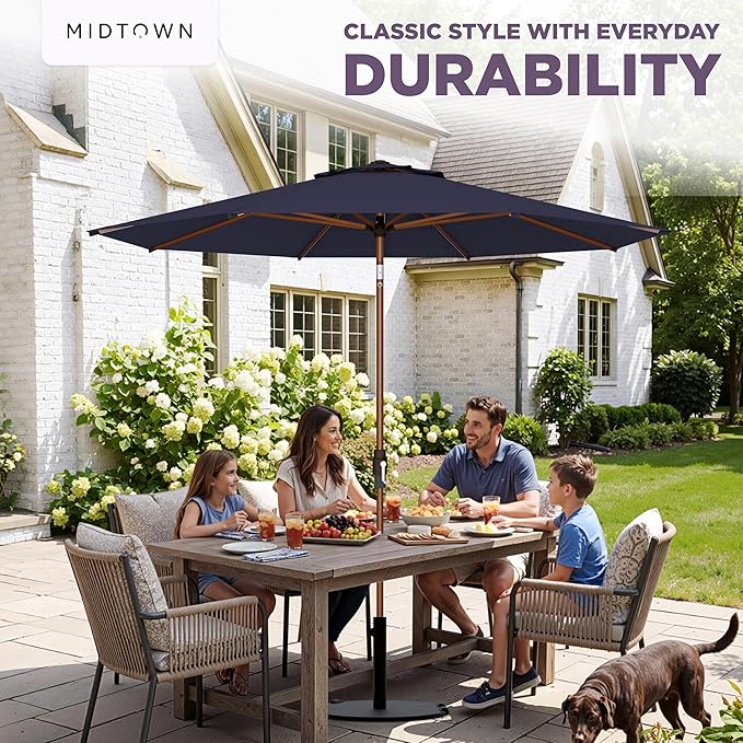 Midtown Umbrellas Wooden 2-8 Ft Patio Umbrella with 360° Swivel & Tilt Mechanism, 8 Fiberglass Ribs & Terylast Polyester Fabric for Deck, Pool, Garden & Porch - Navy Canopy, Wooden Pole