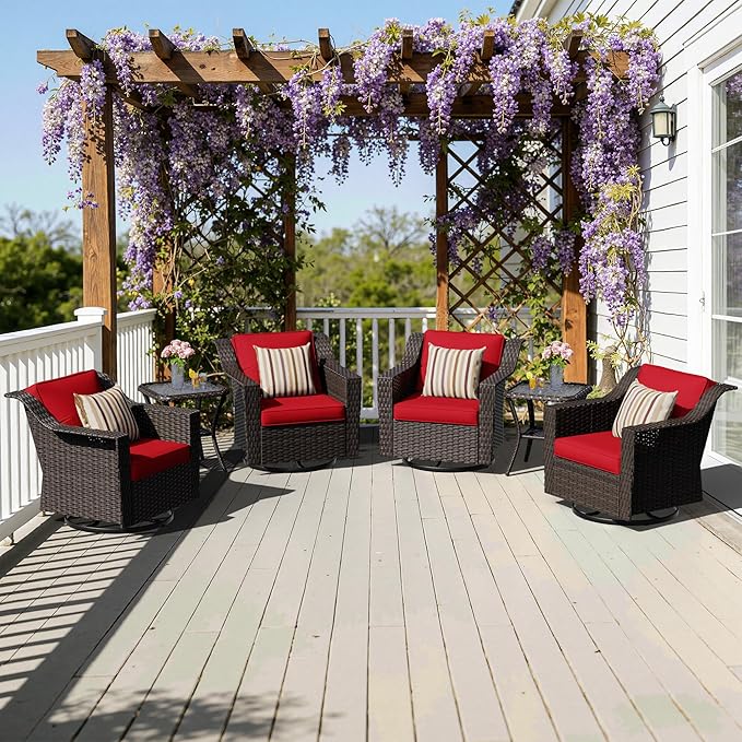 6 Pieces Patio Conversation Furniture Set - 4 Swivel Chairs, 2 Side Tables, Outdoor Wicker Furniture with Removable Cushions for Porch, Sunroom (Red)