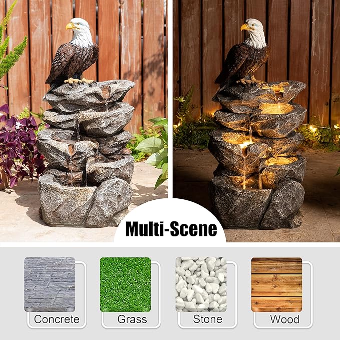 Glitzhome Outdoor Water Fountain with Lights, 4-Tiered Eagel Outdoor Fountain, 25.25" H Polyresin Decorative Waterfall Feature Garden Fountain with Pump for Garden, Patio, Yard, Deck, Porch Decor