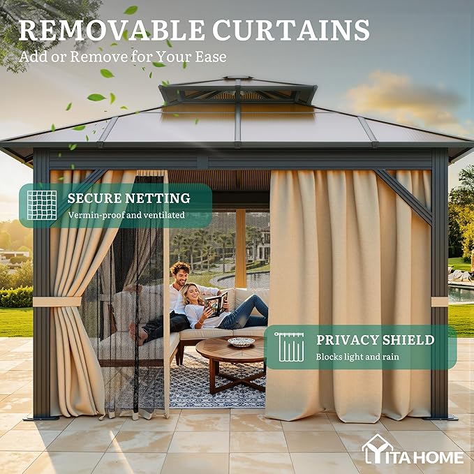 YITAHOME 10X10FT Polycarbonate Gazebo Outdoor Patio Double Top Canopy Galvanized Iron Aluminum Column Garden Tent Curtains Netting for Backyards Decks Lawns,Brown