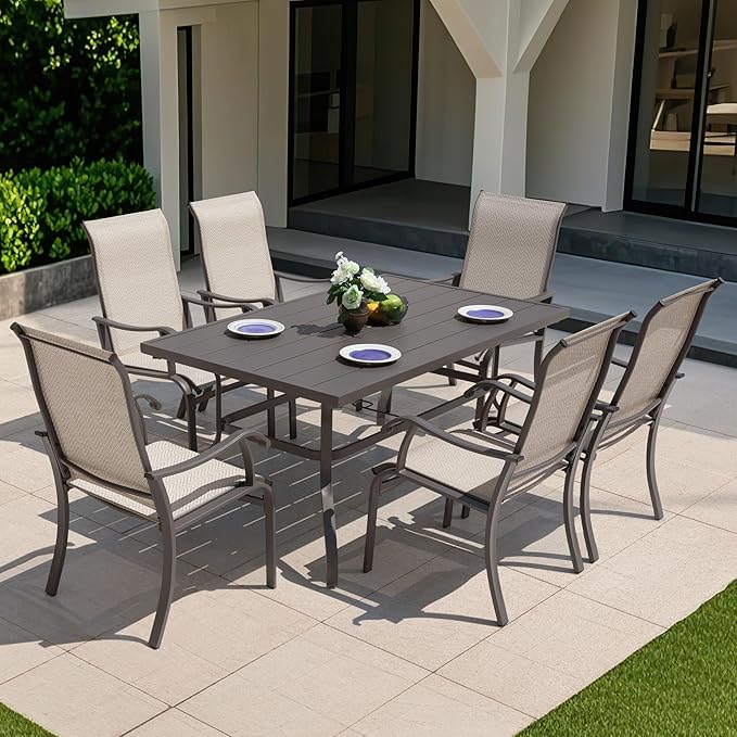 NUU GARDEN 7 Piece Outdoor Dining Set, 6 Textilene Dining Chairs and 60.6'' Rectangular Slatted Table with Umbrella Hole, Weather-Resistant Patio Dining Furniture for Garden Patio Backyard, Beige