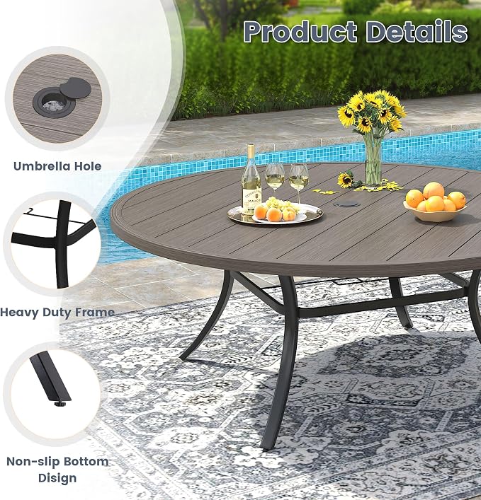 VICLLAX 60" Outdoor Round Patio Dining Table for 8-10, All Weather Metal Dining Table with Umbrella Hole for Deck Lawn Garden Backyard, Grey