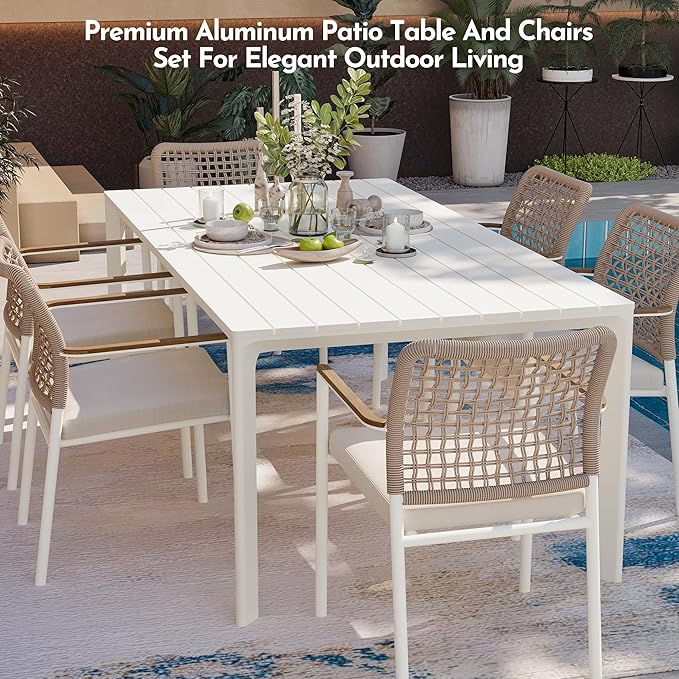 Modern Shade 7 Piece Luxury Outdoor Dining Set, Large Outdoor Table and Chairs with Fade Resistant Cushions & Teak Accents, Premium Aluminum Patio Table and Chairs Set for Outdoor Entertaining, Beige