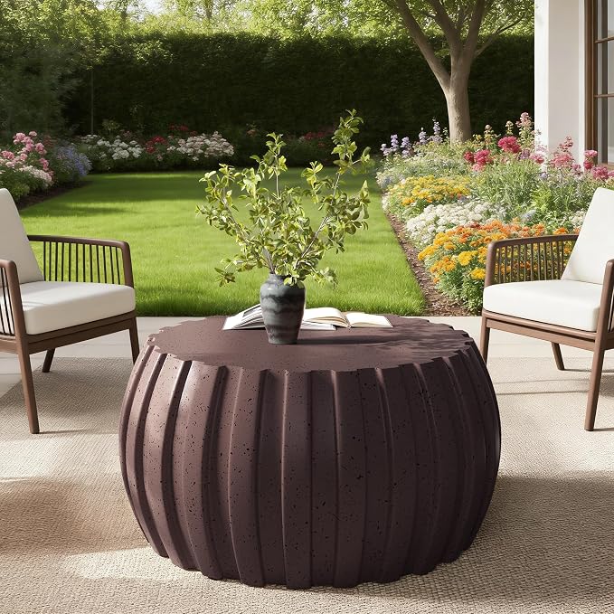 35.43" Concrete Outdoor Table,Modern Round Stone Coffee Table,Waterproof Outdoor Coffee Table for Patio for Terraces, Gardens, Backyards and Living Rooms (Brown, 35.43")