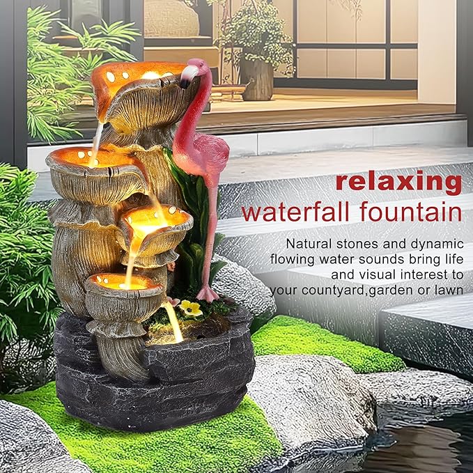 Outdoor Water Fountain - 5 Tier Floor-Standing Cascading Garden Fountain, 25" H Indoor/Outdoor Flamingos Water Fountains with 5 LED Lights for Garden, Patio, Backyard and Home