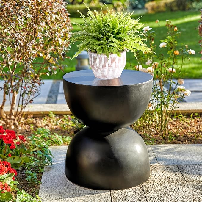 Glitzhome Outdoor Side Table, Round Small End Table with Terrazzo Finish MGO Hourglass Garden Stool, Set of 2 Lightweight Decorative Accent Table for Living Room Planter Stand Patio Pool Porch, Black