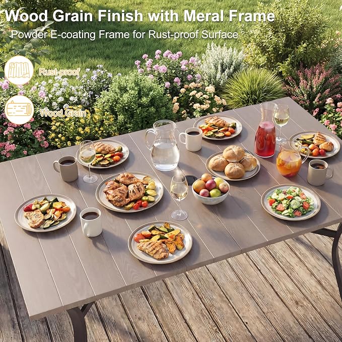 7-Piece Outdoor Dining Set - Rectangular Patio Table with Umbrella Hole and 6 Stackable Dining Chairs All-Weather for Garden, Deck, and Poolside (Natural, 63"L x 38"W x 28"H Rectangle Dining Table)
