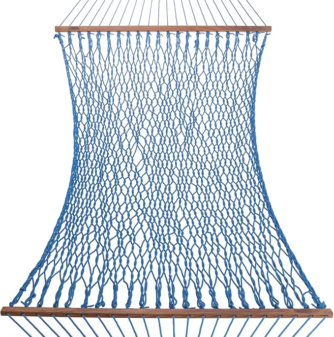 Hatteras Hammocks Large Coastal Blue DuraCord Rope Hammock – 13 ft. x 55 in., 2-Person, 450 lb Capacity, Cumaru Spreader Bar, Zinc-Plated Hardware – Handcrafted in The USA