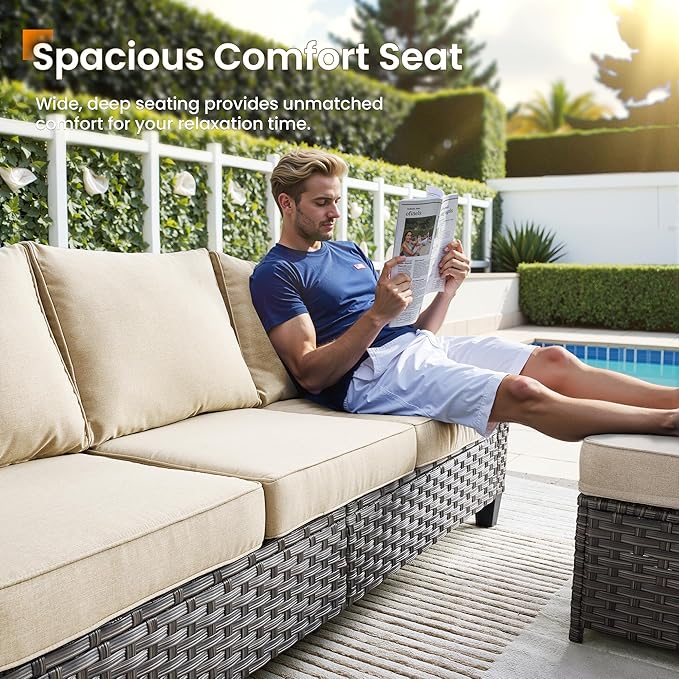 Wicker Patio Furniture Set,8 Pieces Modern Outdoor Conversation Set Sectional Sofa with Cushion and Ottomans for Garden, Poolside, Backyard