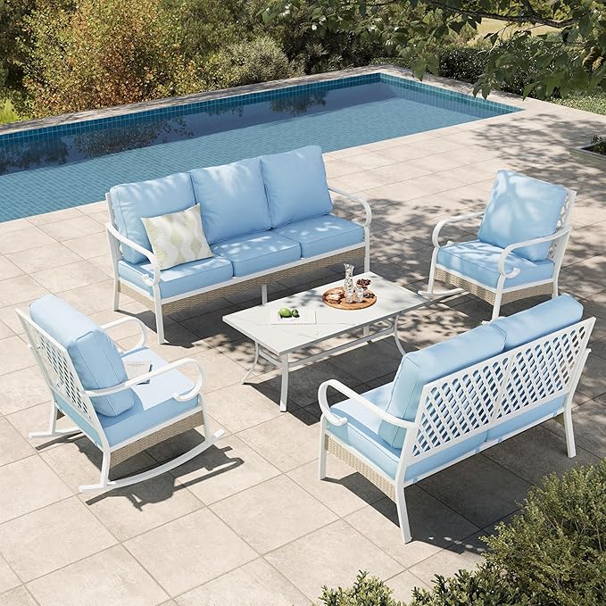 HERA'S HOUSE 5 Piece Metal Patio Furniture Set, 7 Seats All Weather Outdoor Conversation Set, 3 Seat Sofa with Loveseat, 2 Rocking Chairs, Coffee Table for Backyard, Garden, Deck, White/Blue