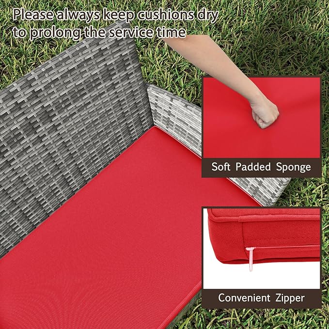 Tangkula 4 Pieces Patio Rattan Conversation Set, Outdoor Wicker Furniture Set with Cushioned Chair, Loveseat & Tempered Glass Table, Outside Sectional Sofa Set for Backyard (G-red,1)