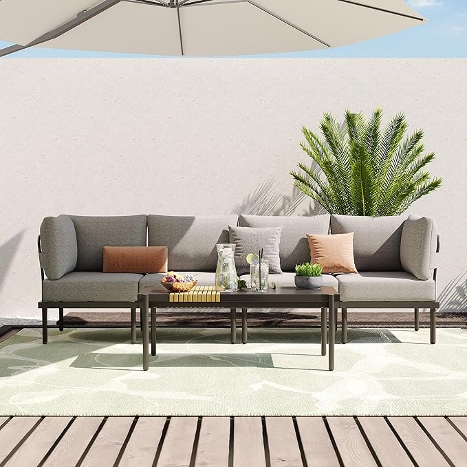 Sundale 5 Pieces Outdoor Patio Furniture Set, Metal Sectional Sofa Patio Conversation Set with Coffee Table, Modern Patio Corner Couch for Balcony, Porch, Sunroom
