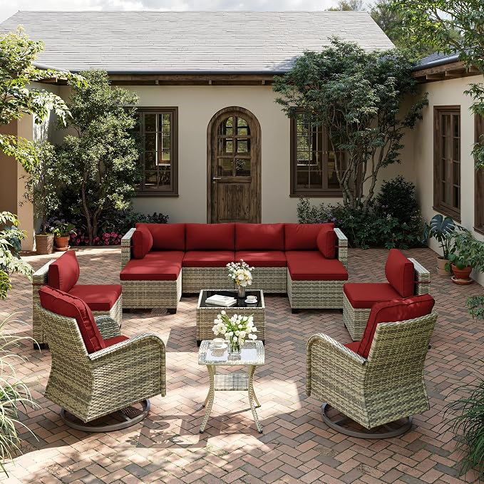 12-Piece Patio Furniture Set, Outdoor Patio Furniture with Swivel Chairs Set, Ottomans, Modular Patio Sofa, Dual-Strand Wicker Rattan, Rust-Resistant Frame, Red
