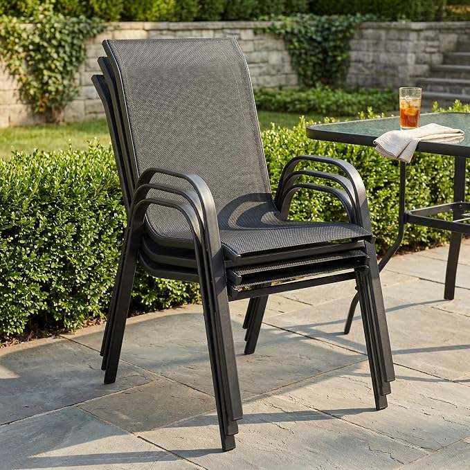 VICLLAX Round Outdoor Patio Dining Set for 10, Metal Slatted Patio Table with Umbrella Hole and 10 Stackable Patio Chairs for Deck Lawn Garden, Black Fabric and Walnut Tabletop