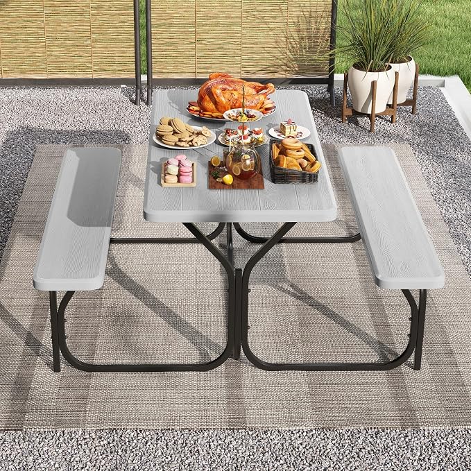 LDAILY Picnic Tables, Rectangular Picnic Table with Steel Frame, 2 Benches Set, HDPE Tabletop, Plastic Picnic Table for Outdoor, Camping, Patio, Lawn, Yard, Picnic Parties (Gray)