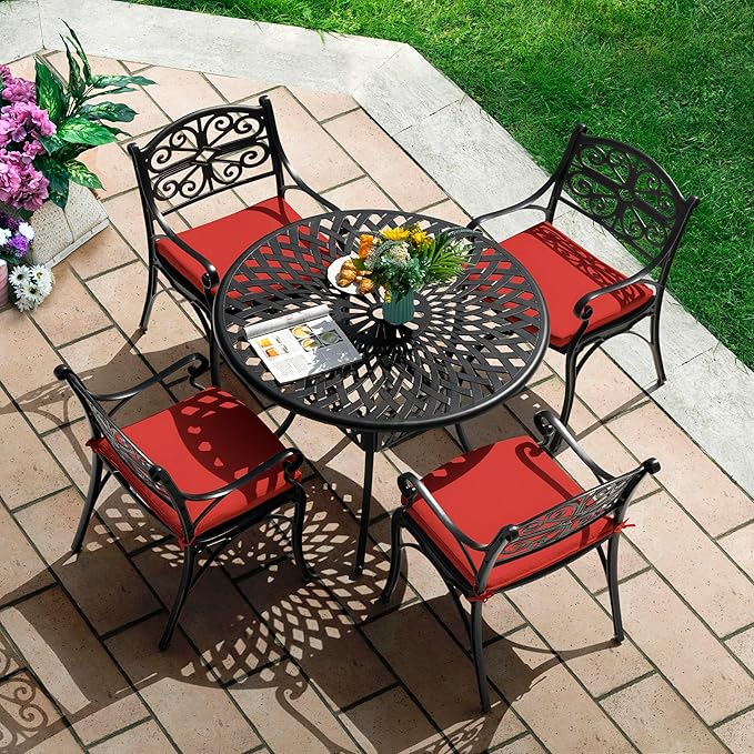 NUU GARDEN 5 Piece Outdoor Patio Dining Set, 42" Cast Aluminum, Round Patio Dining Table with 2.24" Umbrella Hole and Patio Dining Chairs with Cushions for Garden, Balcony, Bronze and Red