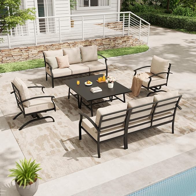 Metal Patio Furniture Set,6 Pieces 8 Seats Patio Sectional Outdoor Furniture Set with 2 Rectangular Coffee Tables,Patio Conversation Sets with 5.1" Thickened Cushions,Sand