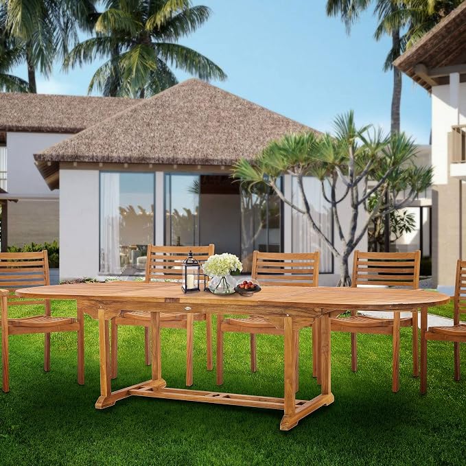 Teak Wood Santa Cruz Oval Double Extension Outdoor Patio Dining Table, 78 to 118 inches