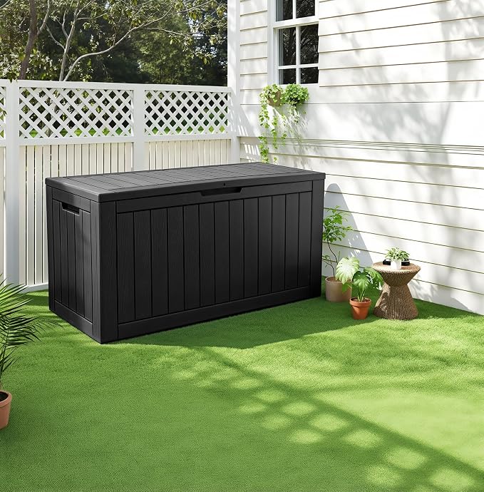 KAMABOKO 97 Gallon Waterproof Large Resin Deck Box, Lockable Large Outdoor Storage Box Indoor Outdoor Storage Container for Patio Cushions, Gardening Tools, Pool Supplies, Black