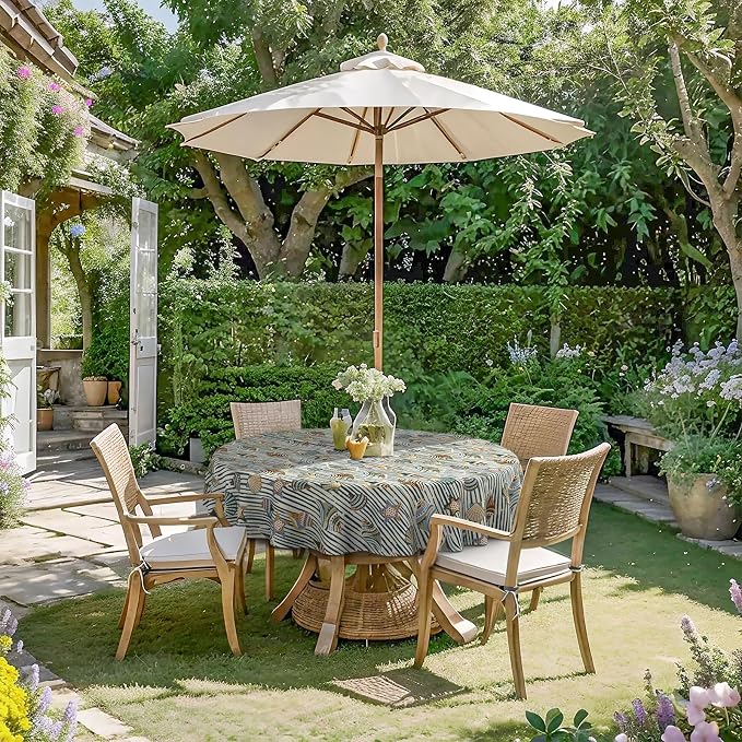 DYTXIII Outdoor Round Tablecloth with Umbrella Hole 60 Inch, Water Repellent & Fade Resistant Table Cover, All Weather Outdoor Tablecloth for Garden & Party Table, Crayon Shells