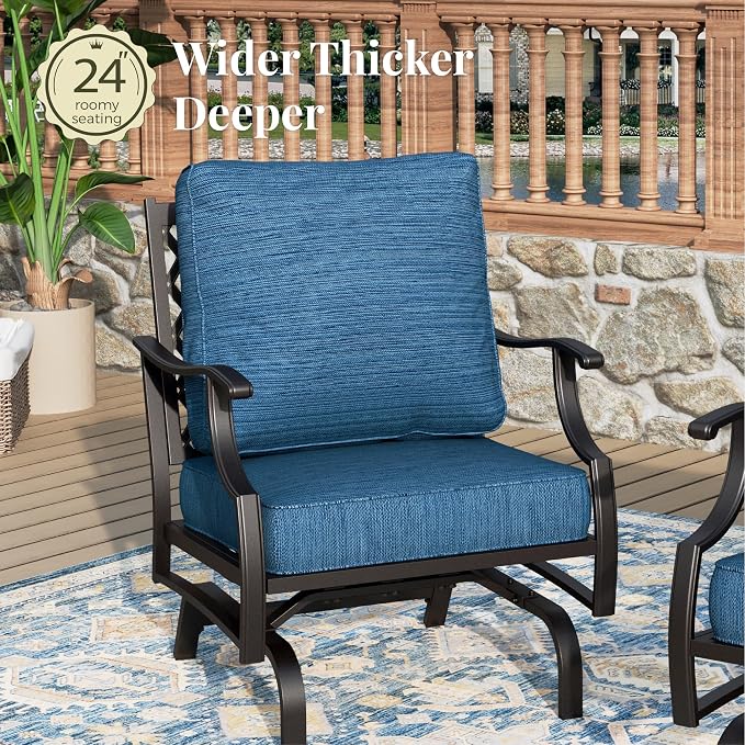 MIXPATIO Patio Furniture Set with Fire Pit Table, 5 Pcs Metal Outdoor Conversation Set, 4 Rocking Chairs with 5.75" Extra Thick Cushion and 28" Fire Pit Table for Backyard Deck, Green Blue