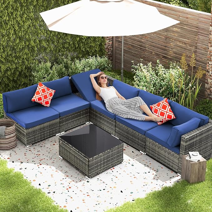 7 Piece Patio Furniture Set with Adjustable Bracket Wicker Rattan Patio Conversation Sets Outdoor Sectional Sofa Set with Wood Table and Cushions for Porch Lawn Garden, Navy Blue